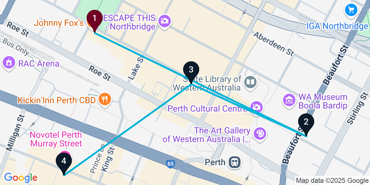 Map for 4-Stop Northbridge Nightclub Bar Crawl