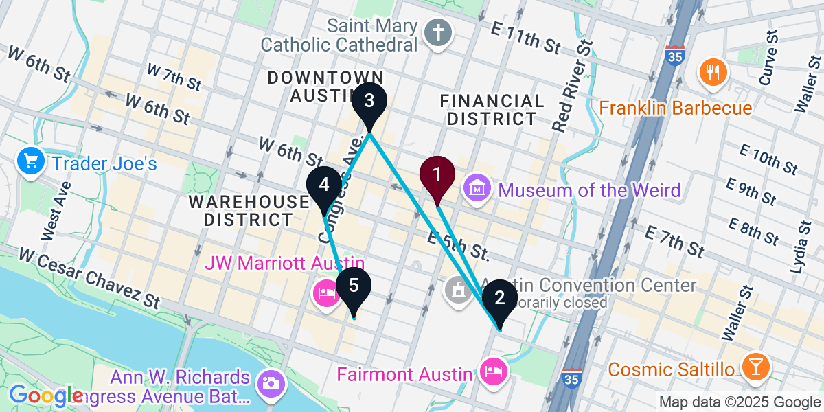 Map for 5-Stop Austin Bar Crawl