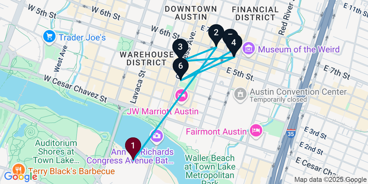 Map for 7-Stop Austin Live music Bar Crawl