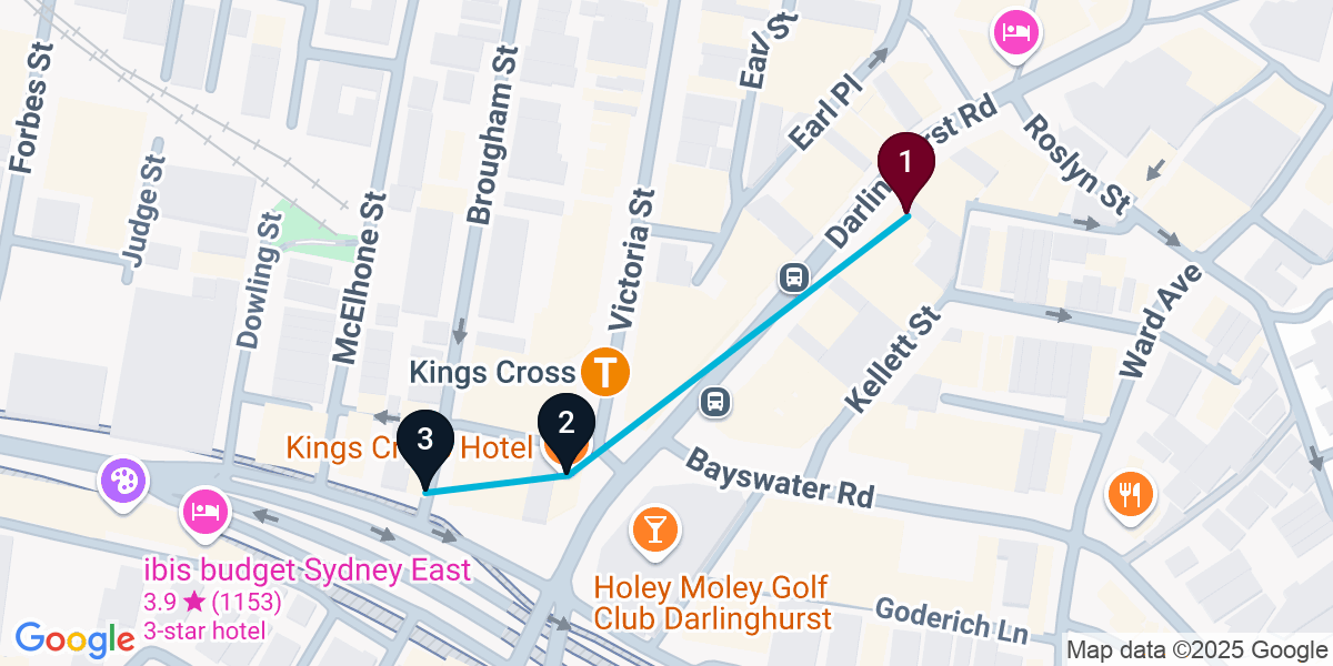 Map for 3-Stop Potts Point Live music Bar Crawl
