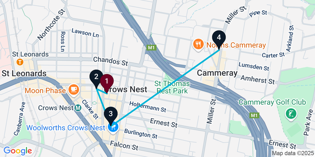Map for 4-Stop Crows Nest Wine bar Bar Crawl