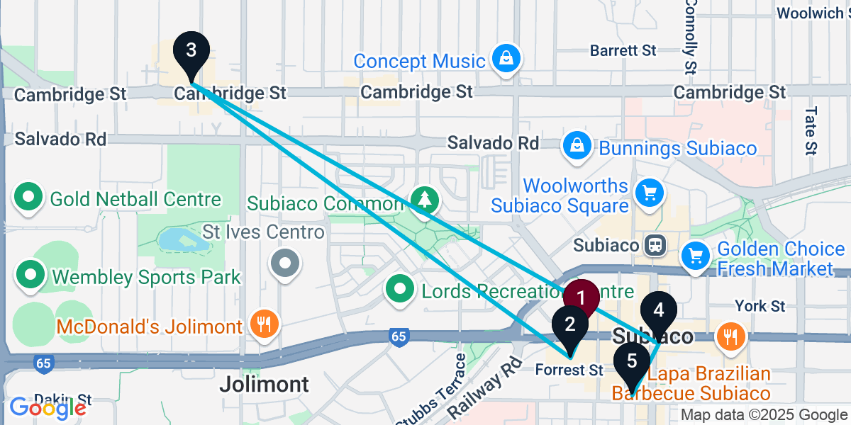 Map for 5-Stop Subiaco Pub Bar Crawl