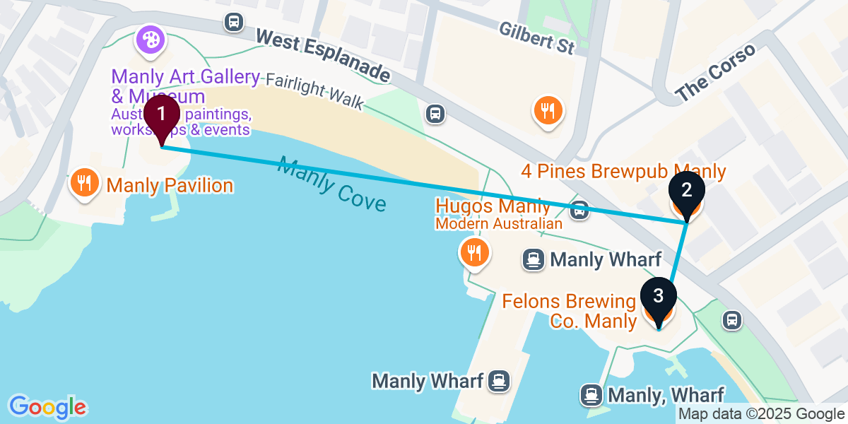 Map for 3-Stop Manly Pub Bar Crawl