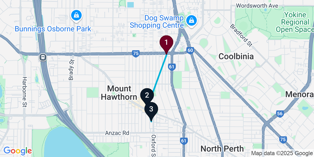 Map for 3-Stop Mount Hawthorn Cocktail Bar Crawl