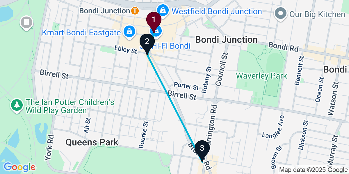 Map for 3-Stop Bondi Junction Pub Bar Crawl
