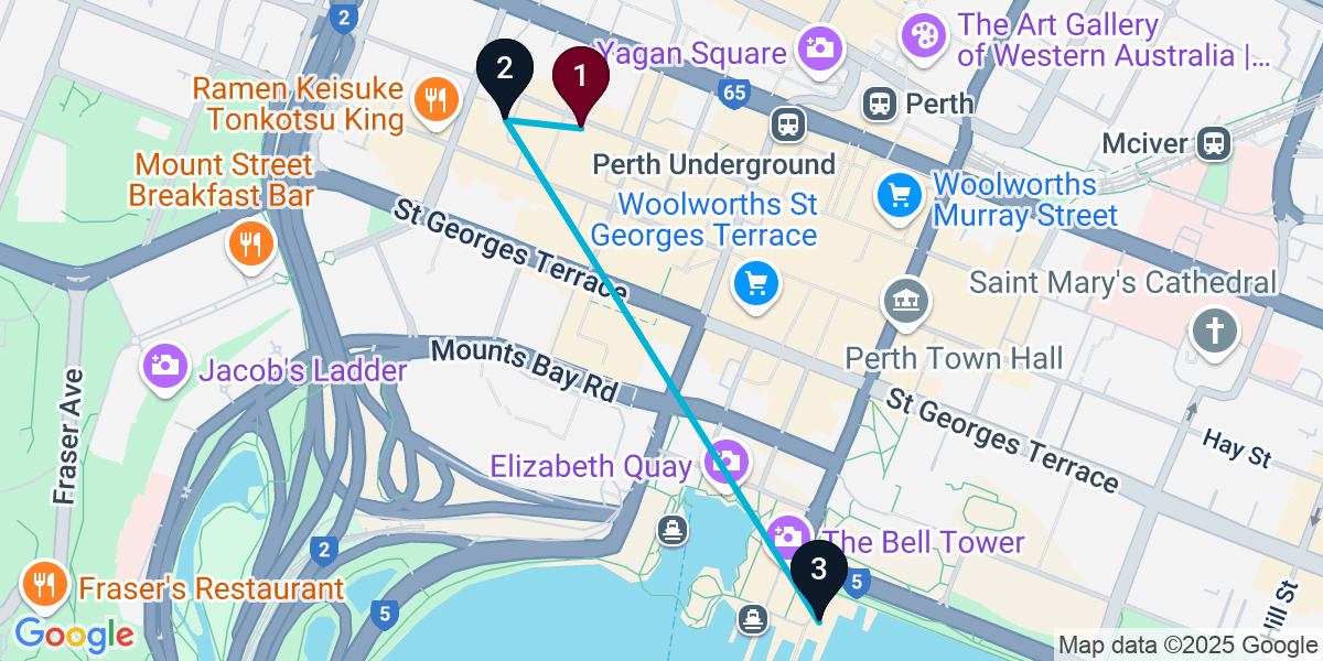 Map for 3-Stop Perth Rooftop Bar Crawl