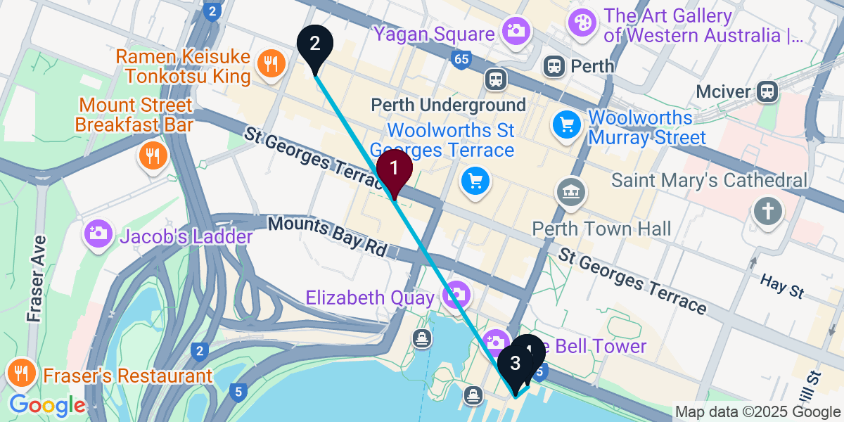 Map for 4-Stop Perth Rooftop Bar Crawl