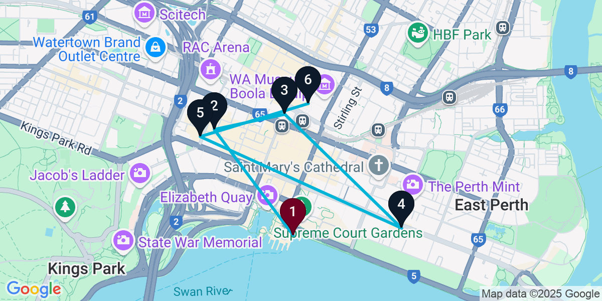 Map for 6-Stop Perth Bar Crawl