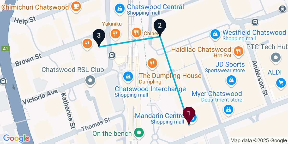 Map for 3-Stop Chatswood Bar Crawl