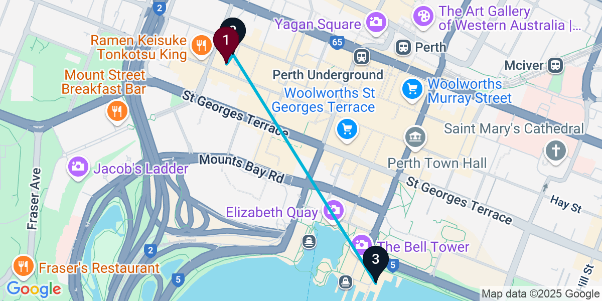 Map for 3-Stop Perth Rooftop Bar Crawl