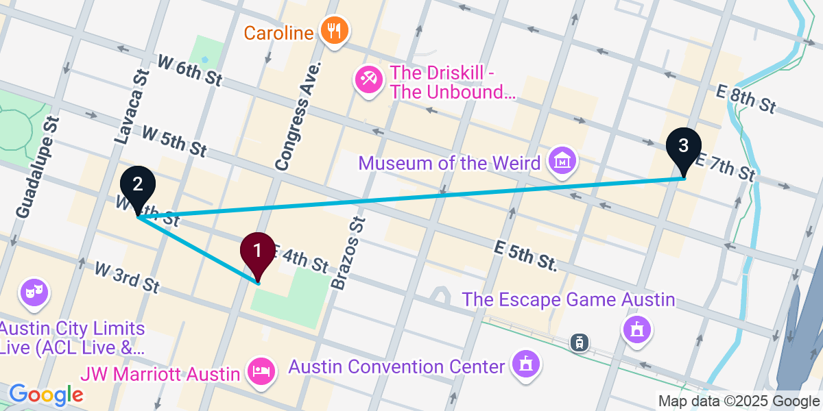 Map for 3-Stop Austin Nightclub Bar Crawl