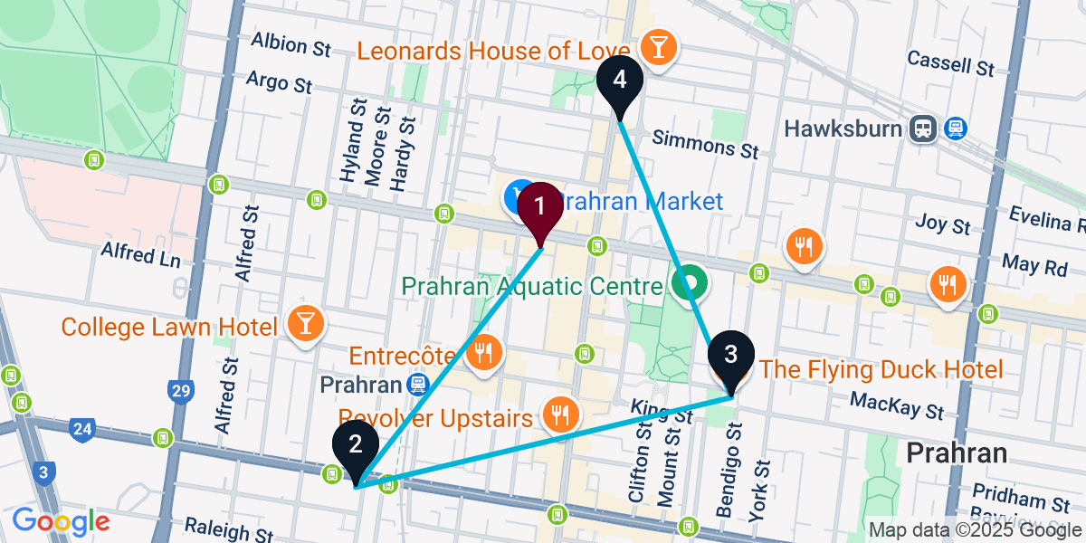 Map for Walkable Prahran Pub Crawl