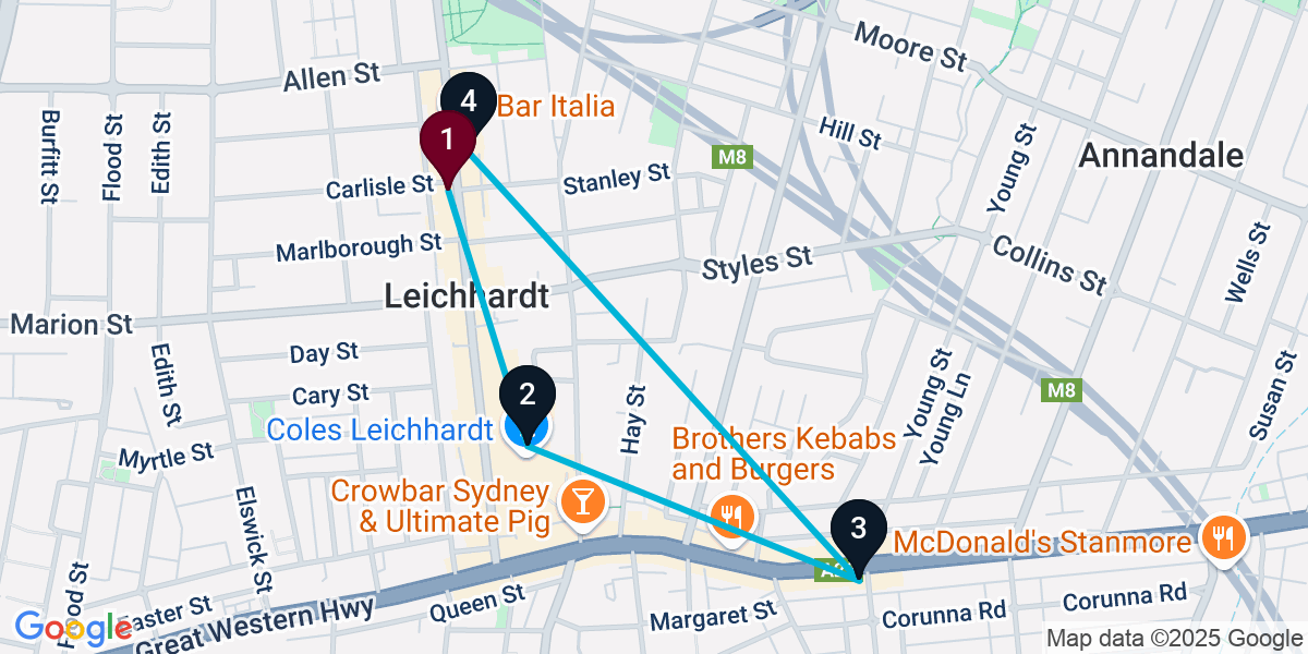 Map for 4-Stop Leichhardt Wine bar Bar Crawl