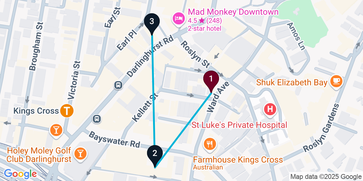 Map for 3-Stop Potts Point Rooftop Bar Crawl