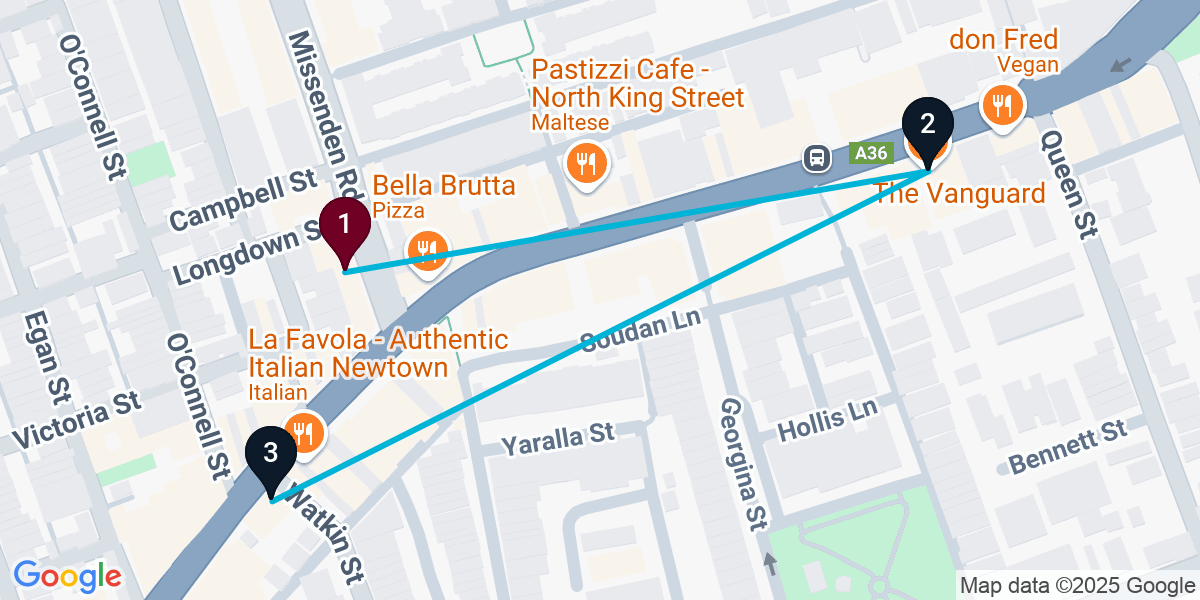 Map for 3-Stop Newtown Bar Crawl