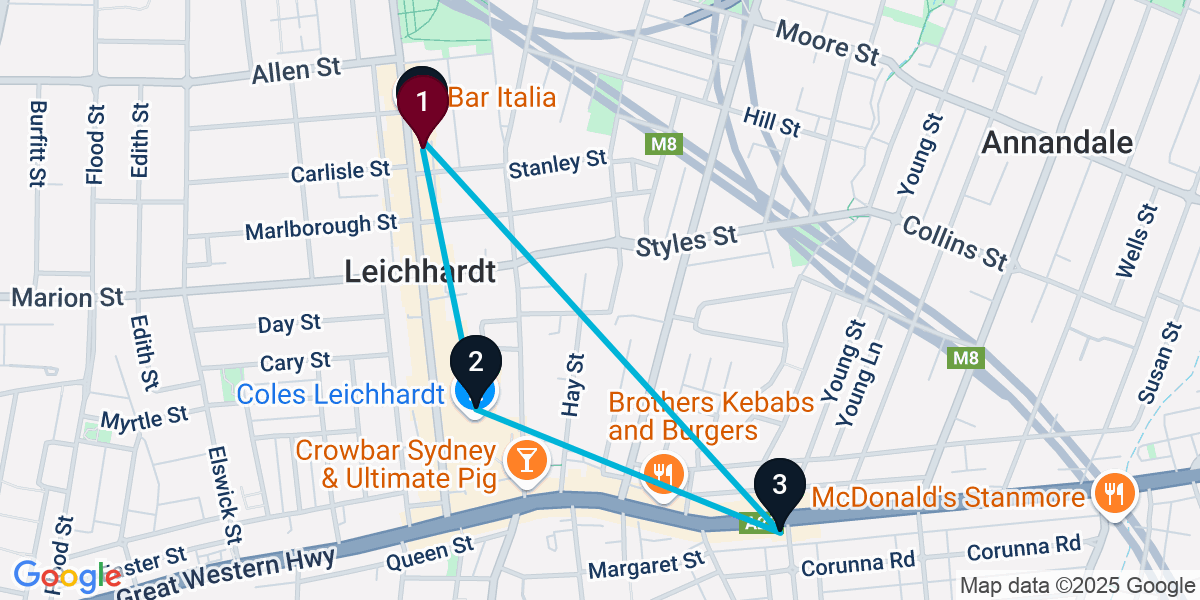 Map for 4-Stop Leichhardt Wine bar Bar Crawl