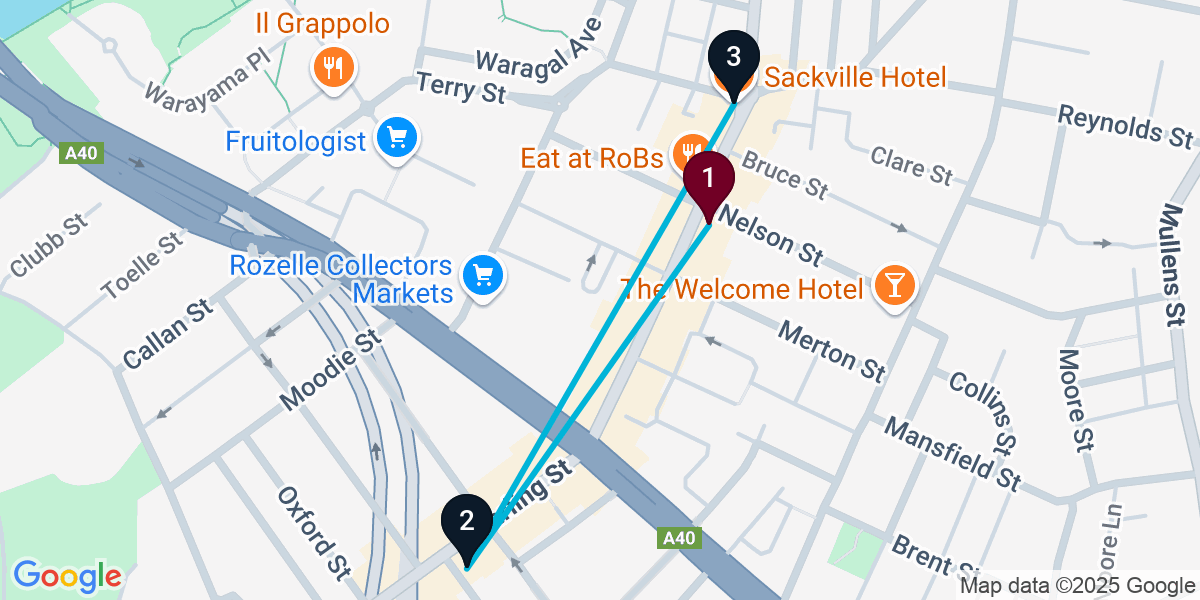 Map for 3-Stop Rozelle Pub Bar Crawl