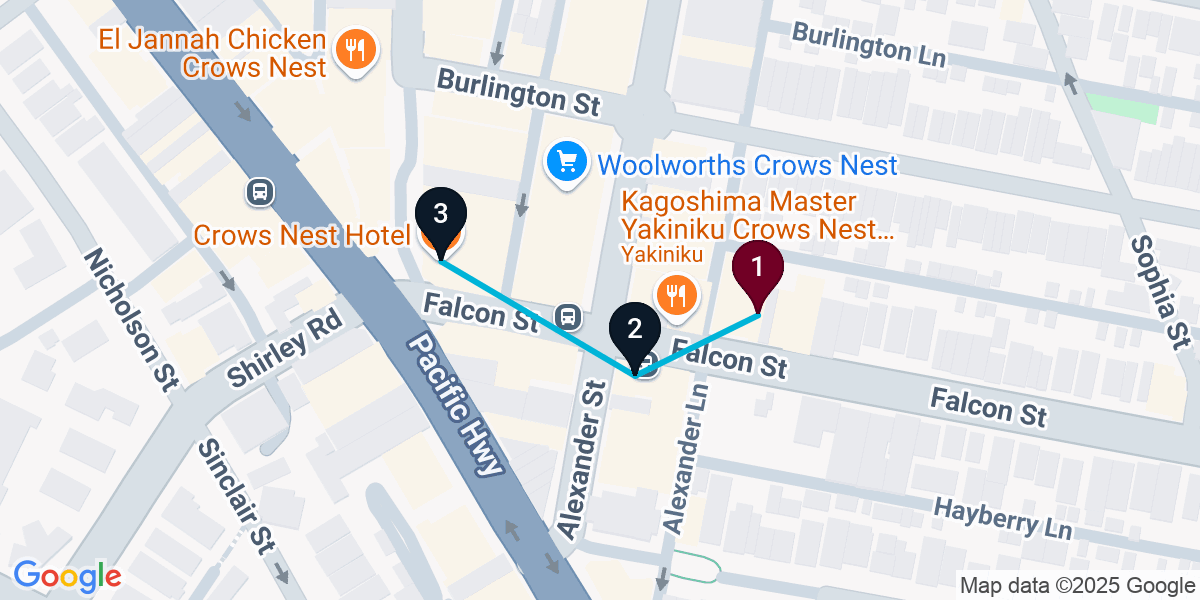 Map for 3-Stop Crows Nest Cocktail Bar Crawl