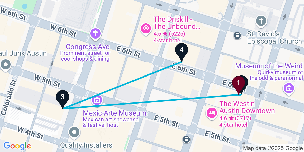Map for 4-Stop Austin Live music Bar Crawl