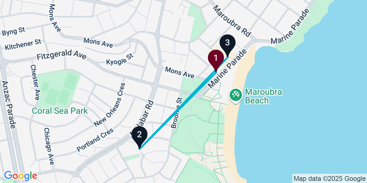 Map for 3-Stop Maroubra Pub Bar Crawl