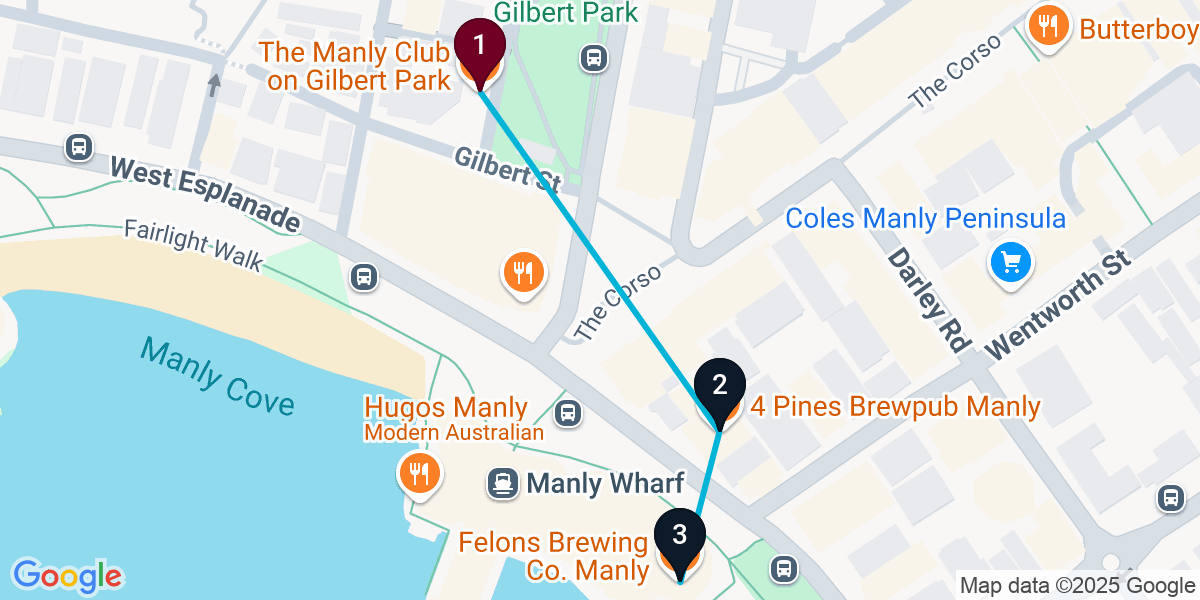 Map for 3-Stop Manly Brewery Bar Crawl