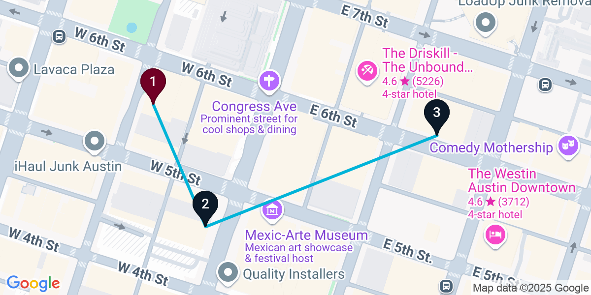 Map for 3-Stop Austin Live music Bar Crawl