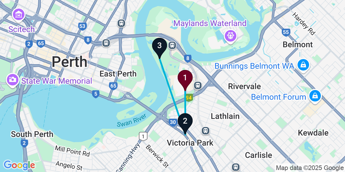 Map for 3-Stop Burswood Pub Bar Crawl