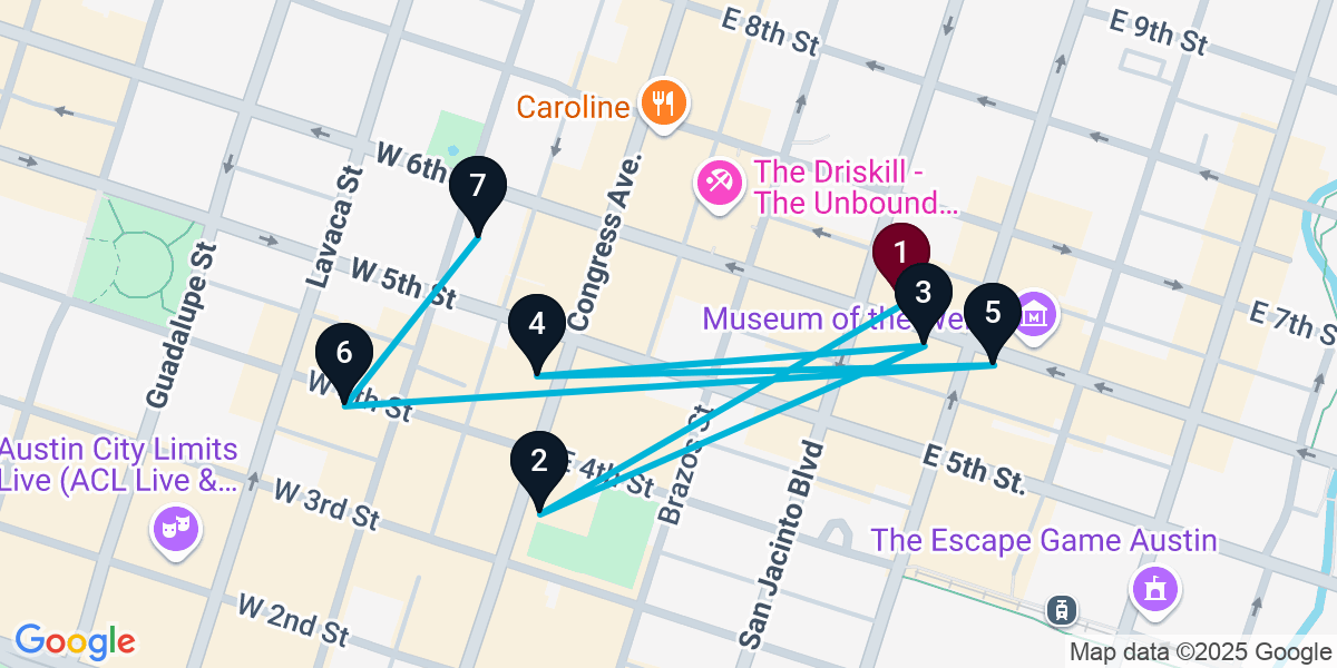 Map for 7-Stop Austin Bar Crawl