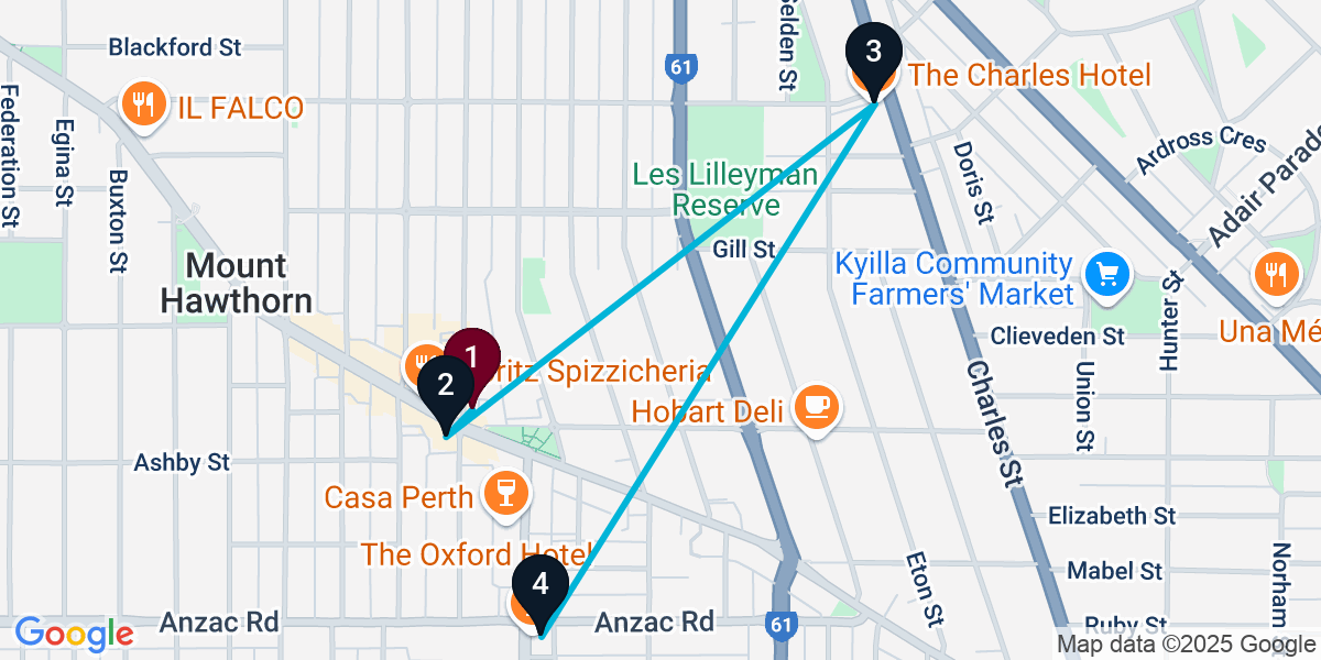 Map for 4-Stop Mount Hawthorn Pub Bar Crawl