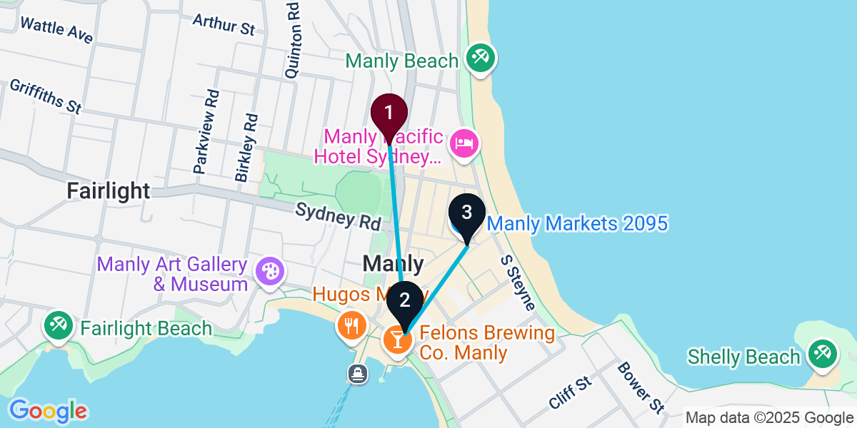 Map for 3-Stop Manly Pub Bar Crawl