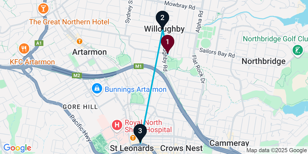 Map for 3-Stop Willoughby Pub Bar Crawl