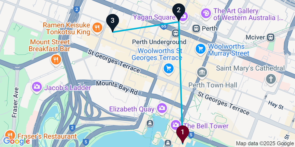 Map for 3-Stop Perth Cocktail Bar Crawl