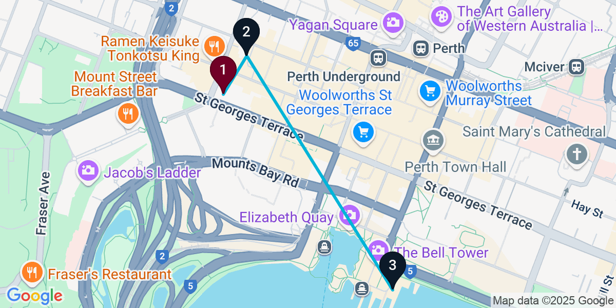 Map for 3-Stop Perth Rooftop Bar Crawl