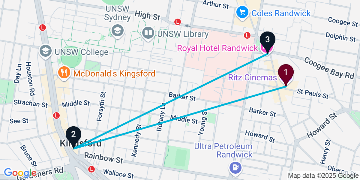 Map for 3-Stop Randwick Sports bar Bar Crawl