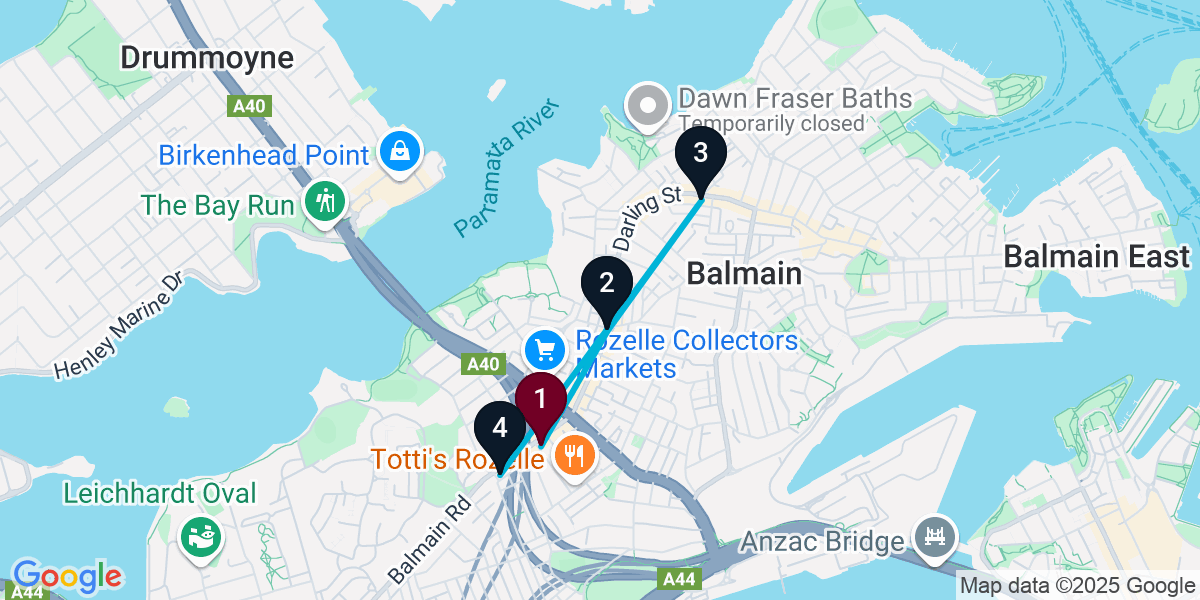 Map for 4-Stop Rozelle Bar Crawl