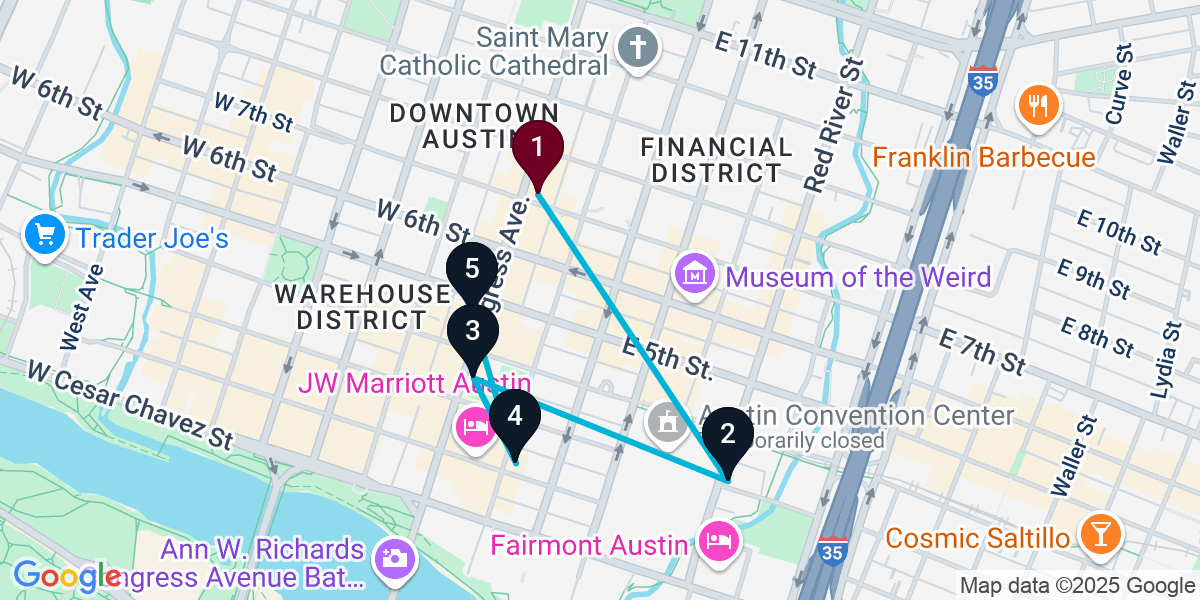 Map for 5-Stop Austin Bar Crawl