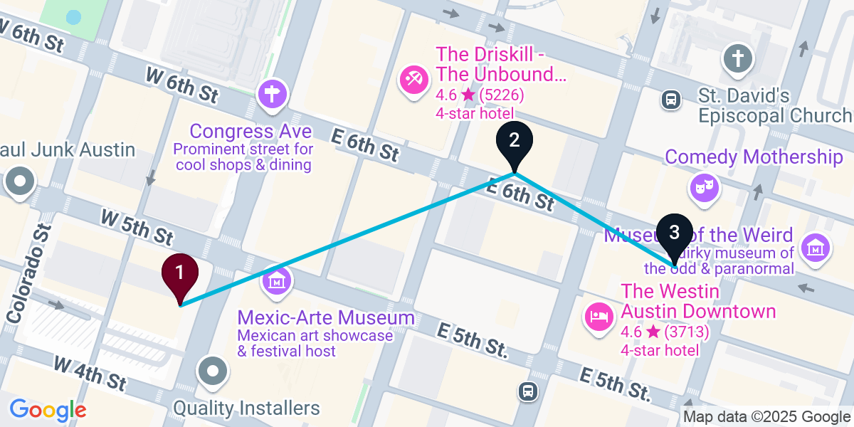 Map for 3-Stop Austin Live music Bar Crawl