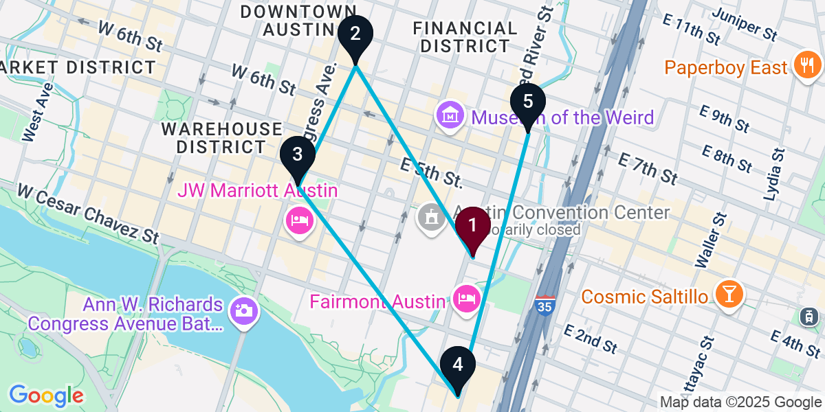 Map for 5-Stop Austin Wine bar Bar Crawl