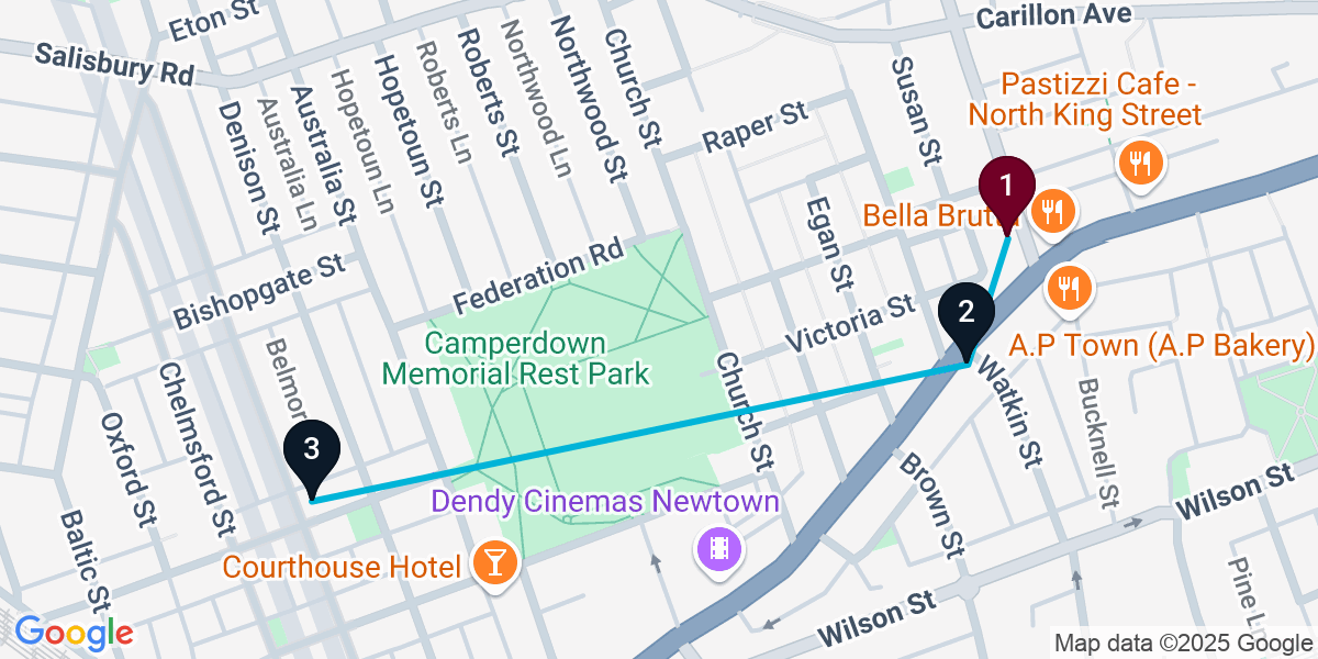 Map for 3-Stop Newtown Pub Bar Crawl