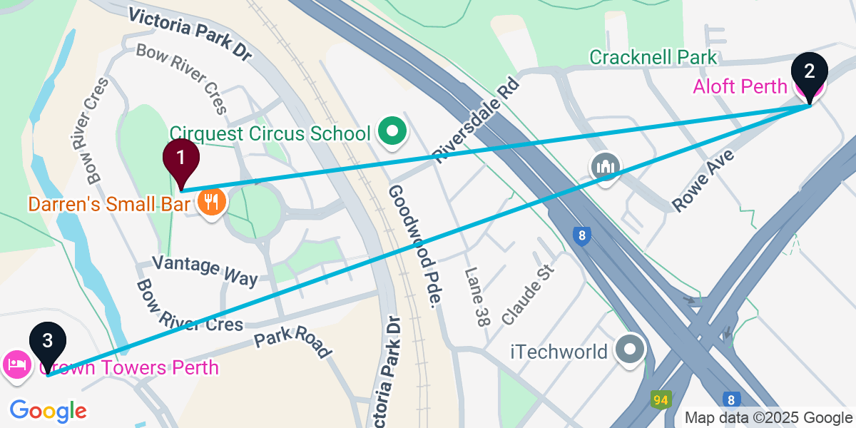 Map for 3-Stop Burswood Cocktail Bar Crawl
