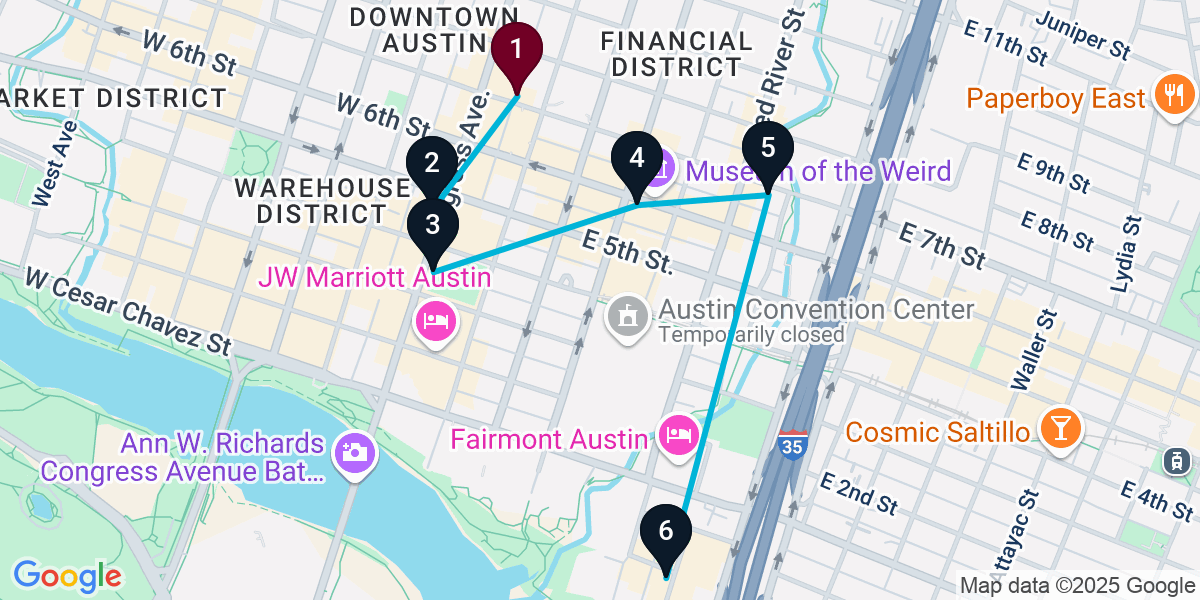 Map for 6-Stop Austin Cocktail Bar Crawl