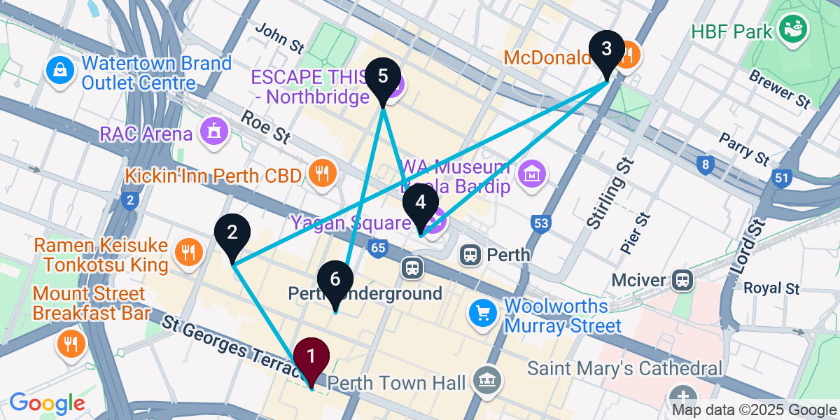 Map for 6-Stop Perth Cocktail Bar Crawl