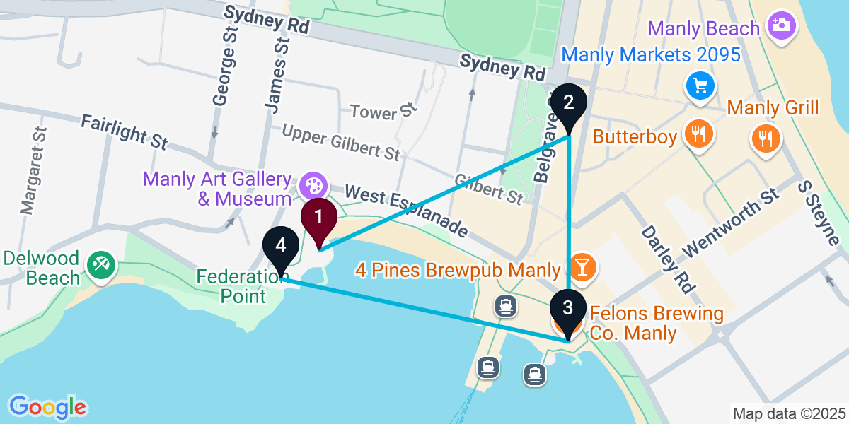 Map for 4-Stop Manly Nightclub Bar Crawl
