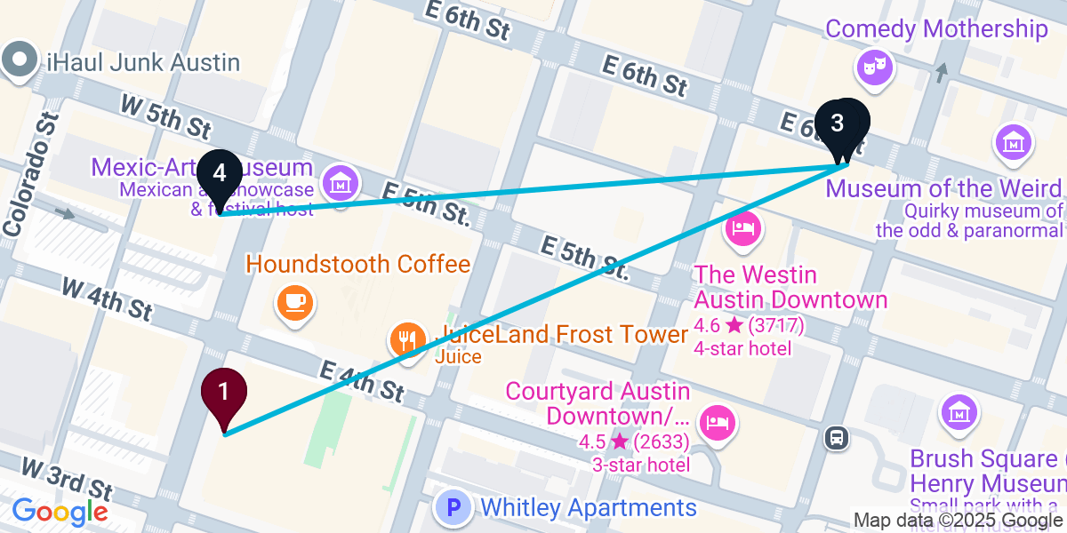 Map for 4-Stop Austin Live music Bar Crawl