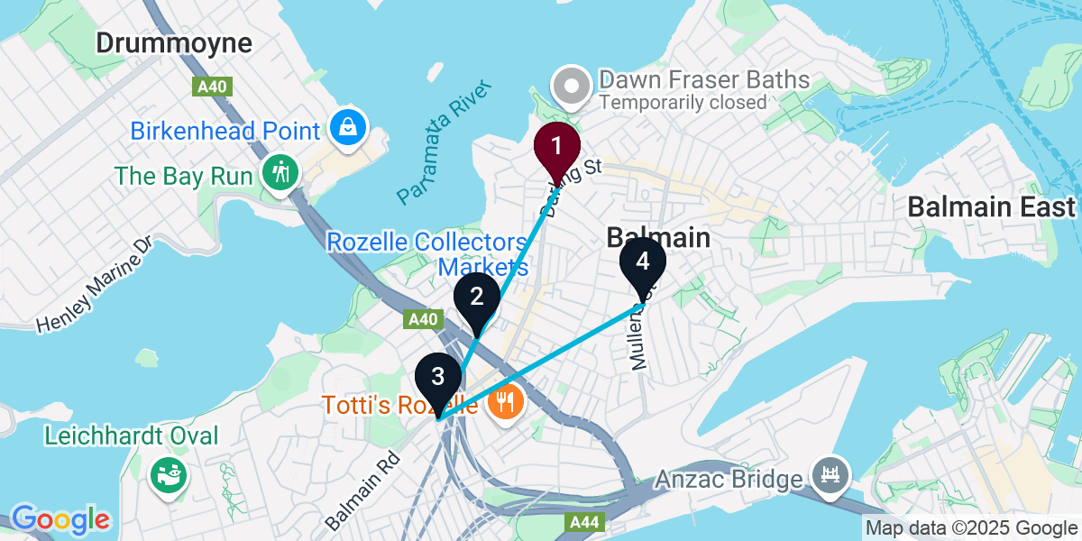 Map for 4-Stop Balmain Live music Bar Crawl