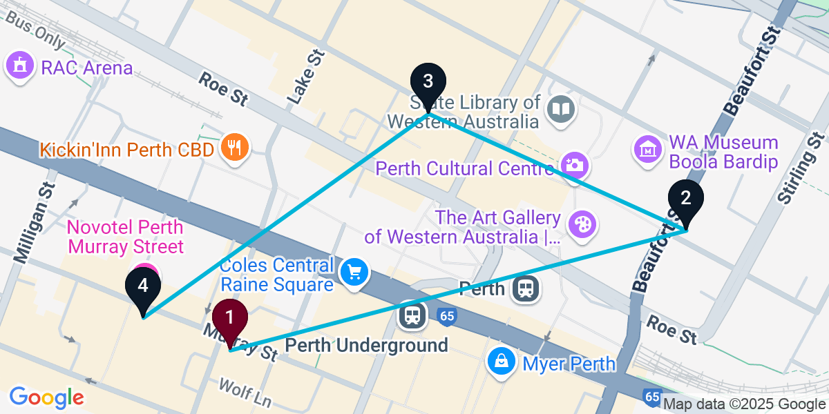 Map for 4-Stop Perth Nightclub Bar Crawl