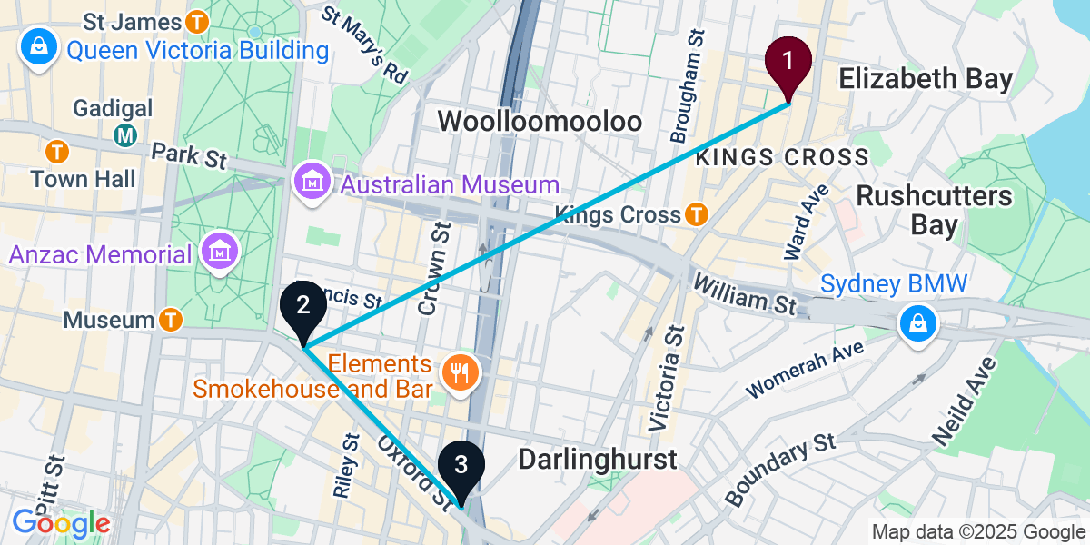 Map for 3-Stop Potts Point Nightclub Bar Crawl