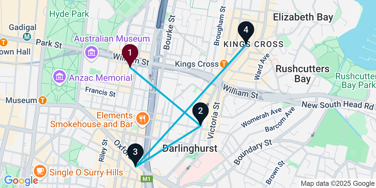 Map for 4-Stop Darlinghurst Rooftop Bar Crawl