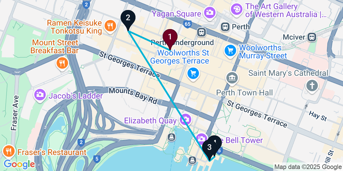 Map for 4-Stop Perth Rooftop Bar Crawl