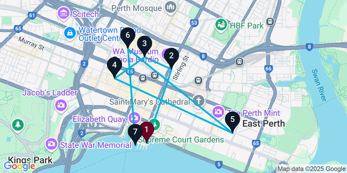 Map for 7-Stop Perth Nightclub Bar Crawl